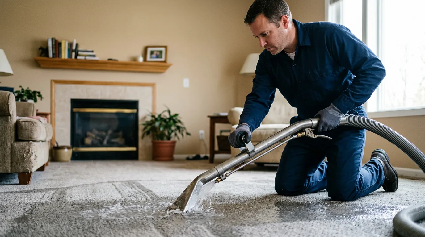 Water damage restoration technician working in a home in Michigan